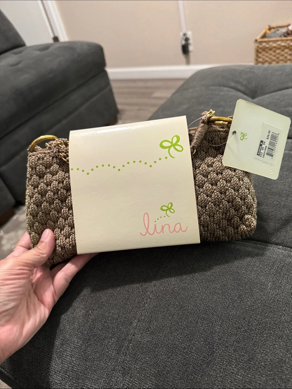 Lina Knit Clutch in Taupe Brown with Gold Hardware